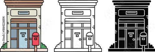 Post office silhouette & Outline and illustration set isolated on transparent background