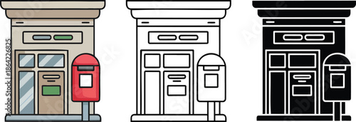 Post office silhouette & Outline and illustration set isolated on transparent background