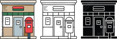 Post office silhouette & Outline and illustration set isolated on transparent background