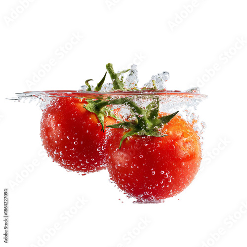 PNG of Fresh red tomatoes submerged in sparkling water with bubbles, showcasing freshness.