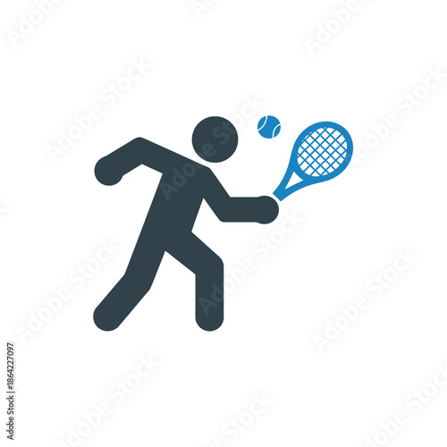 A stylized icon of a person playing tennis, actively hitting a ball with a racket