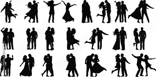Romantic couple silhouettes dancing and embracing in various poses representing love, passion, relationship moments and emotional connection isolated on white background