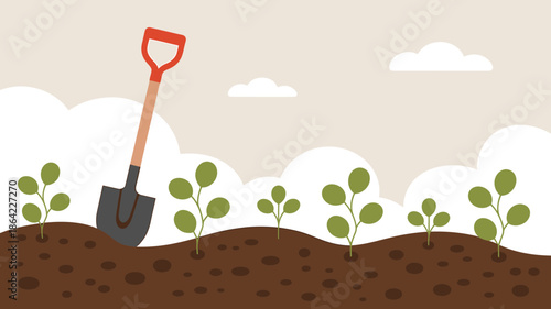 Vegetable garden with green plants and shovel vector illustration isolated on transparent background