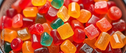 Colorful assorted gummy candies in a bowl, close-up,   food photography,   colorful background