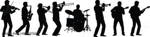 Music band silhouettes performing live with brass, guitar and drums representing jazz, concert performance, teamwork and entertainment isolated on white background