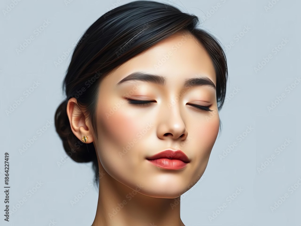 Fototapeta premium Serene facial portrait, tranquil moment, eyes closed, gentle head tilt, simple hairstyle, minimal adornment, serene look, inner peace