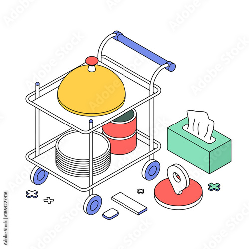 A detailed isometric illustration of a room service trolley, featuring dining amenities and guest essentials.