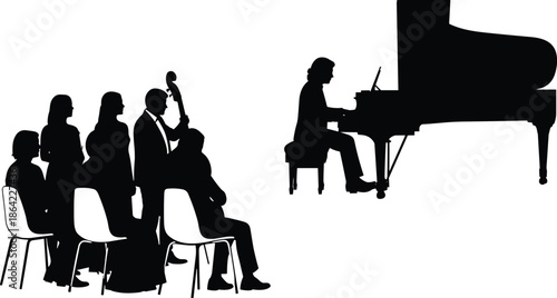 Classical music concert silhouettes featuring pianist and seated orchestra musicians performing live on stage isolated vector illustration concept