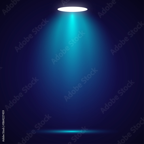 Abstract blue spotlight stage background with glowing light effects and dark digital atmosphere