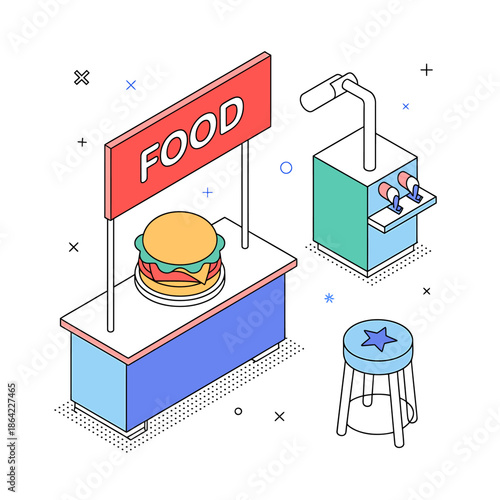 Isometric food stand with burger, soda dispenser, and stool representing fast food concept