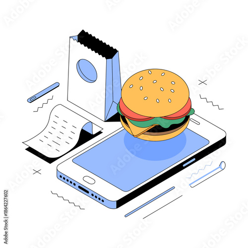 Online food ordering and delivery service with a burger on smartphone screen