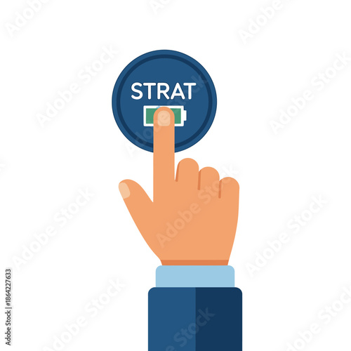 Hand pressing a 'strat' button with a battery icon, symbolizing strategy or startup initiation