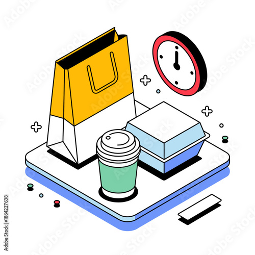 Efficient online order and quick delivery with takeout food and coffee in isometric design