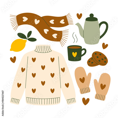 Hygge winter cozy collection with sweater, scarf, mittens, teapot, and cookies isolated on transparent background