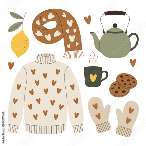 Cozy autumn and winter lifestyle elements set including sweater, scarf, teapot, mug, cookies, and mittens isolated on transparent background