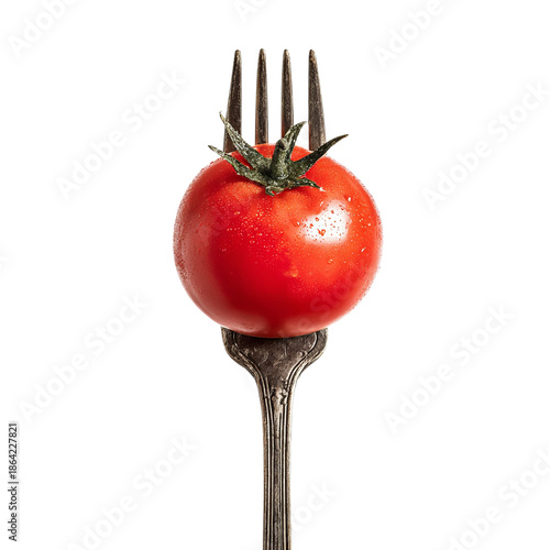 PNG of A vibrant red tomato perched on an ornate silver fork, showcasing fresh produce.