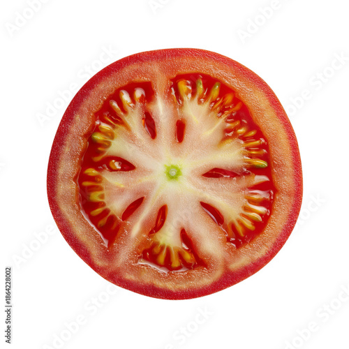 PNG of Fresh red tomato slice showcasing vibrant colors and juicy interior.
