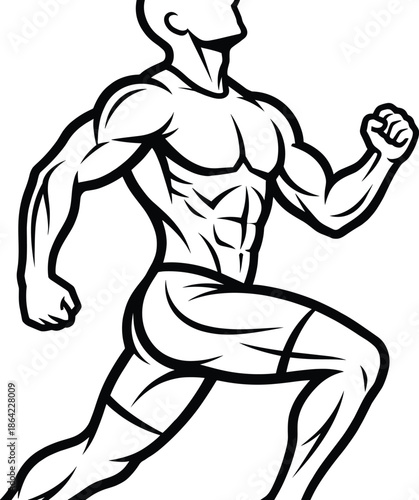 Side view of strong athletic man sprinting forward in black and white line art style for sports mascot design