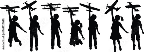 Silhouette of children playing with toy airplanes symbolizing freedom dreams imagination childhood joy aviation future aspirations concept