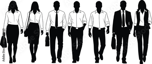 Business professionals silhouettes walking together representing corporate teamwork, leadership, career success and modern workforce concept isolated on white background