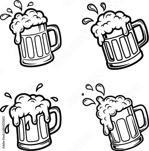 Set of Frothy Beer Mugs Cheers, Celebration, and Pub Iconography