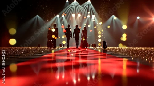Silhouetted figures walk on a red carpet under spotlight, with gold confetti around