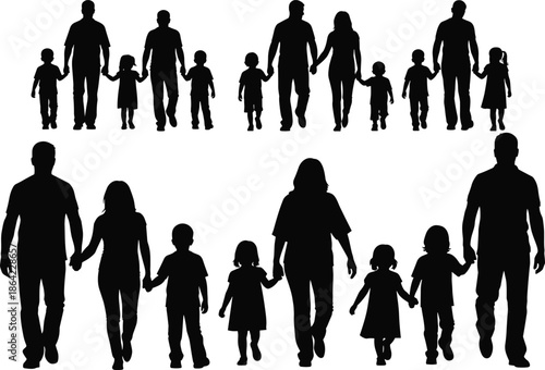 Family silhouettes holding hands representing unity, parenting, childhood, togetherness and love, isolated on white background illustration concept collection