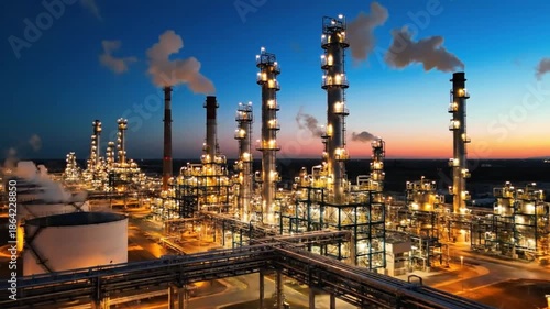 Oil Refinery Industrial Plant With Glowing Towers And Pipelines At Dusk Energy Production Video Scene