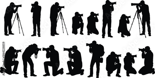 Professional photographer silhouettes capturing moments with DSLR cameras and tripods, photojournalism, creative media, reportage, studio and outdoor photography concept