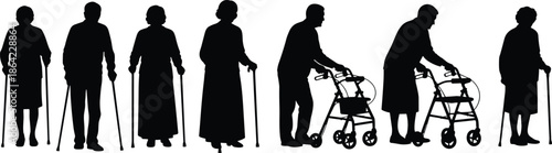 Elderly people silhouettes using walking canes and walkers, aging population, senior healthcare, mobility support, retirement life and old age concept
