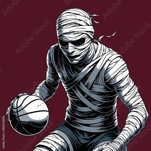 illustration of a mummy who is good at playing basketball