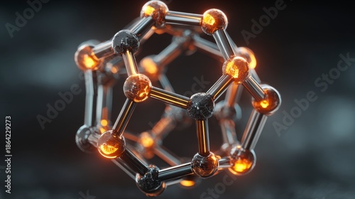 A metallic molecular sphere with interconnected nodes and glowing parts is shown in a dark studio. The scene highlights a futuristic design