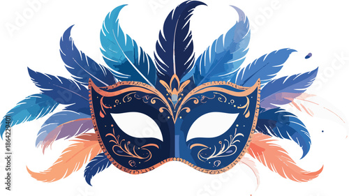 Masquerade mask with blue feathers and gold accents