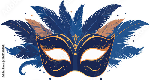Dark blue venetian carnival mask with golden feathers