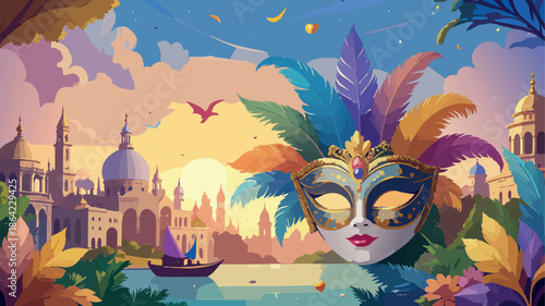 Venetian carnival mask floating over italy city