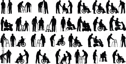 Elderly care silhouettes showing caregivers assisting seniors with walkers and wheelchairs, representing healthcare support, disability assistance and aging care concepts
