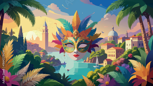 Venetian carnival mask floating over venice cityscape