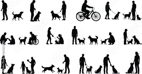Set of people with dogs silhouettes showing walking, training, playing and cycling activities, human and pet relationship isolated on white background
