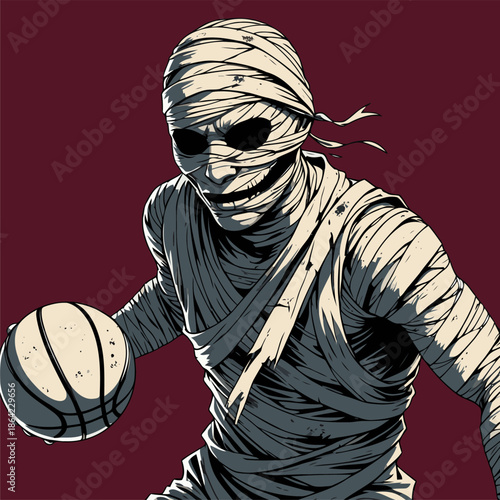 illustration of a mummy who is good at playing basketball