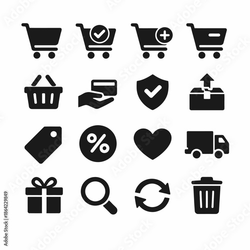 Shopping icons set: cart, basket, payment, delivery, gift, search, exchange, trash.