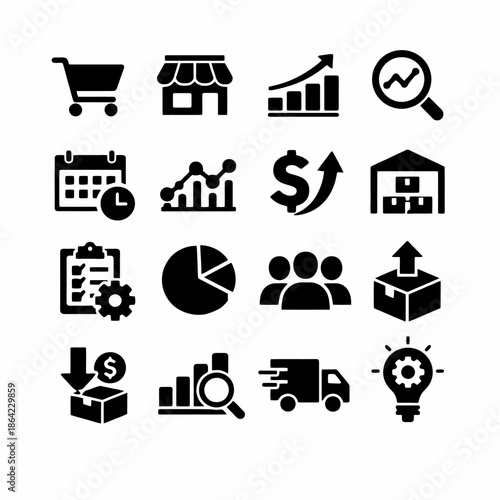 Business and finance icons: growth, sales, and logistics symbols.