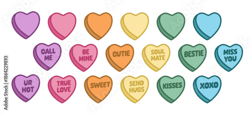 Cutie candy heart Valentine message collection - colorful cpnversation hearts in purple, pink, orange, yellow, green, and blue, cute and romantic celebration of love 