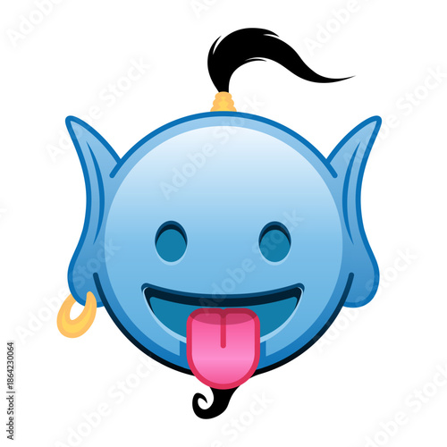 Blue genie cartoon emoji face with protruding tongue