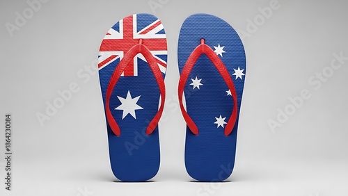 A pair of flip-flops featuring the national flag of australia on a light background. Australia day flip flops for lifestyle marketing