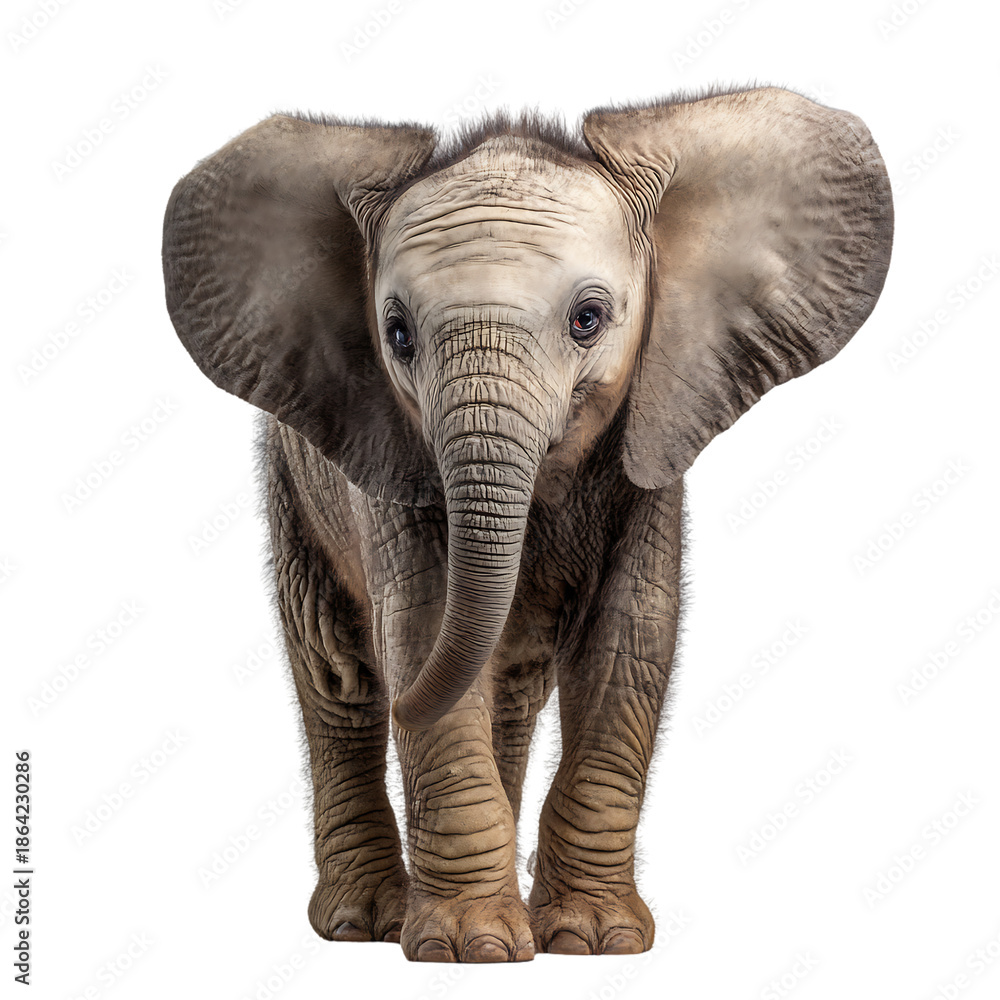 Fototapeta premium Cute baby elephant standing alone on transparent background