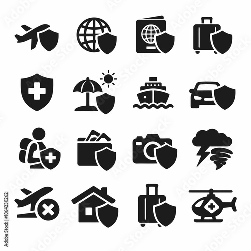 Travel insurance icons: safety, security, health, protection symbols.