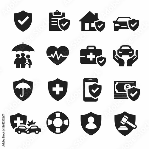 Insurance icon set: health, car, family, and legal protection symbols.