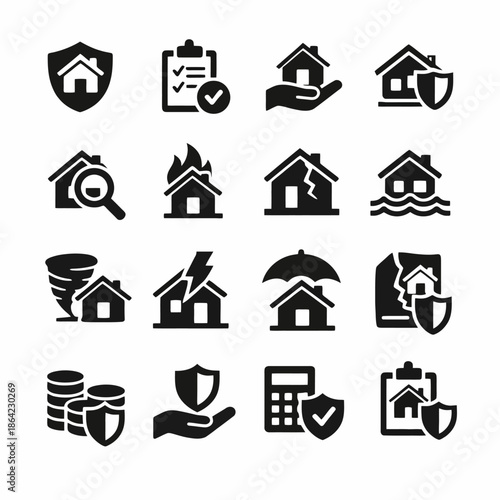 Home insurance icons set: protection, security, disaster prevention symbols.
