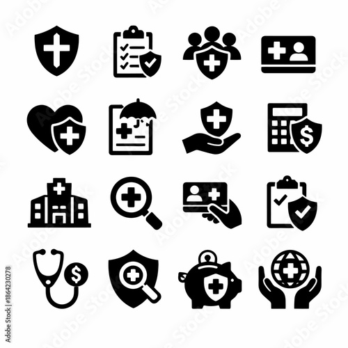 Healthcare and insurance icons collection: symbols of medical care and protection.
