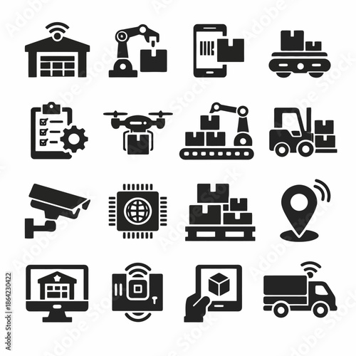 Warehouse automation icons: robotics, logistics, gps, barcode, inventory systems.
